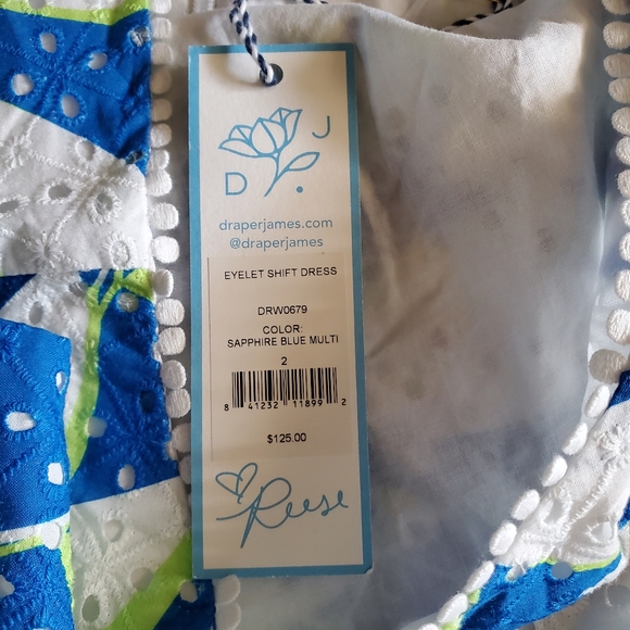 Draper James Eyelet Shift Dress in Sapphire Blue Print Size 2 NWT - Picture 7 of 13